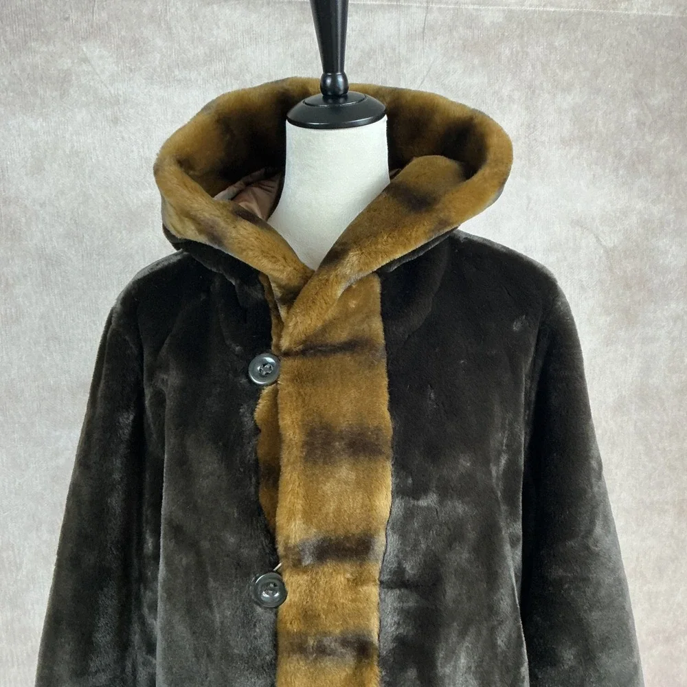 Dennis Basso Reversible Hooded Faux Fur & Nylon Trench Coat Women's Size L - Picture 4 of 7